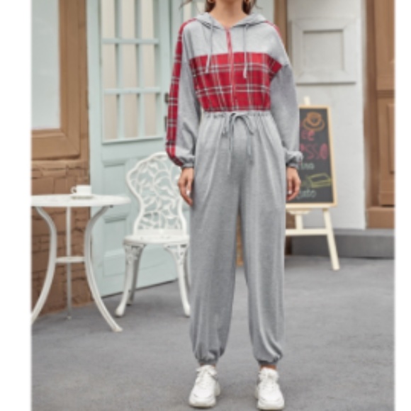 Zip Drawstring Waist Plaid Panel Hooded Jumpsuit - Picture 1 of 2